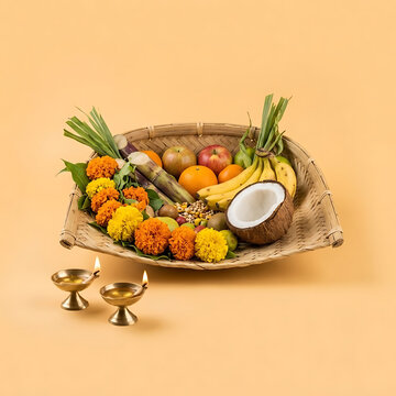 Chhath Puja community event centerpiece with traditional bamboo soop, fruits, sugarcane, coconut and brass diyas on a clean saffron background