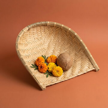 Handcrafted Chhath Puja bamboo soop filled with traditional fruits, coconut, sugarcane and marigold flowers isolated on a clean beige background