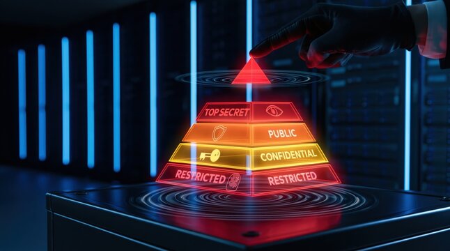 Data classification pyramid with neon security lights in a digital technology room