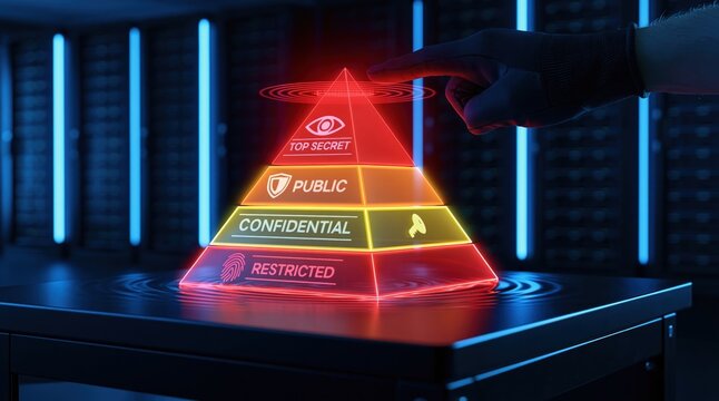 Cybersecurity pyramid hologram showing digital data classification in a server room