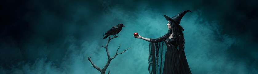 Obraz premium Mysterious witch stands in dark forest holding poison apple while raven watches closely, creating enchanting Halloween scene