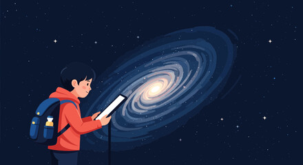 Naklejka premium Curious Child Exploring Galaxy with Tablet Under Stars