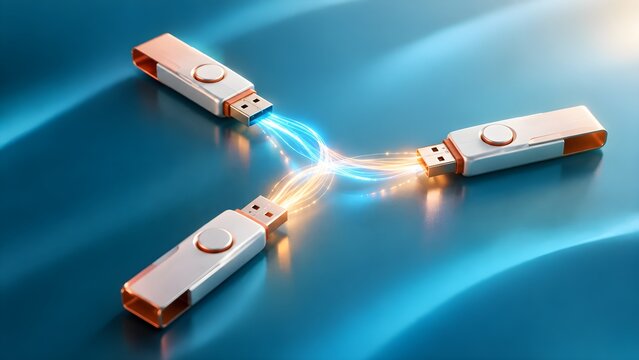 Three USB flash drives connecting and transferring digital data with glowing fiber optic light trails, concept of cloud storage network communication and fast information sync