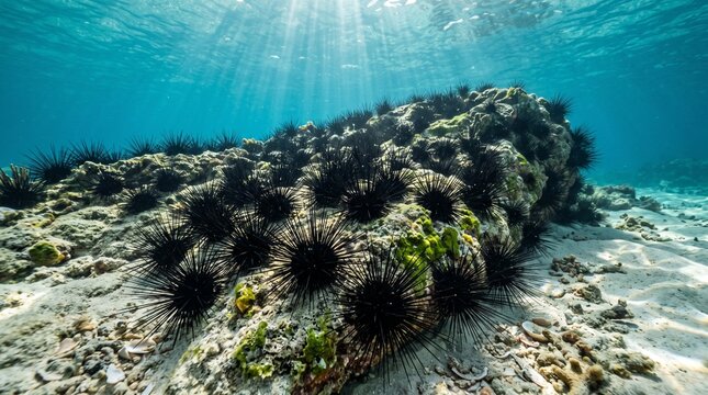 Black sea urchins cluster on reef rock under bright tropical water.
