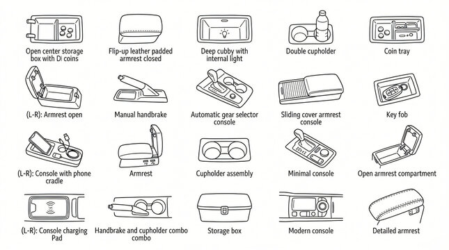 Car Center Console Armrest Line Art Doodle Collection Hand Drawn Storage Box Cubby Flip Up Leather Cup Holder Coin Tray Surround Icon Design Flat Outline Style Strictly Textless White Background