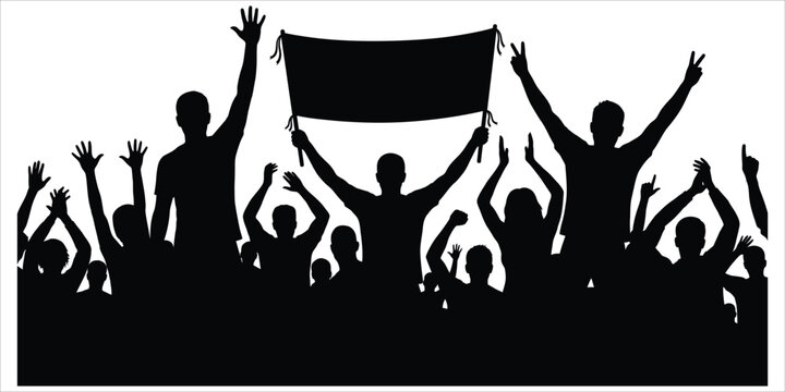 Silhouette illustration of a cheering crowd with raised hands and a banner fan base people group stadium crowd event audience excited fans victory celebration protest banner community