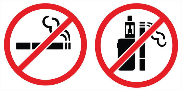 No smoking and no vaping prohibition signs in a red circle with no smoking no vaping prohibition sign health warning no cigarette e cigarette forbidden stop smoking public health warning icon