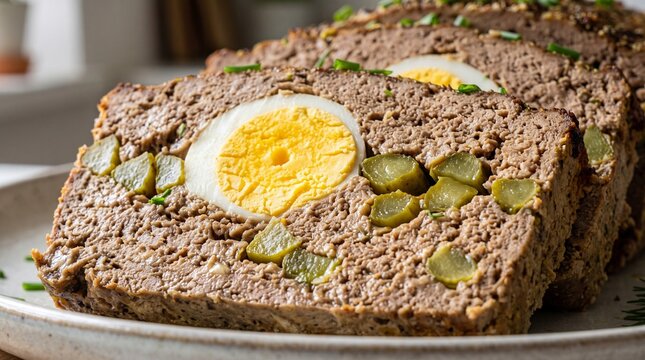 Detailed slice of meatloaf showing boiled egg center and chopped pickles.
