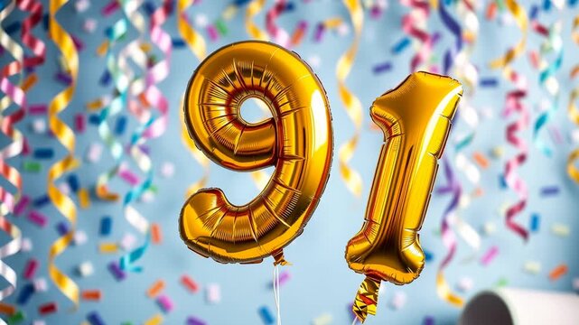 Birthday balloon number ninety one, golden letter figure 91 celebration background AI Generative