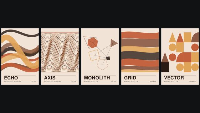 A set of five posters titled echo, axis, monolith, grid, and featuring wavy lines, geometric polygons, and abstract shape arrangements