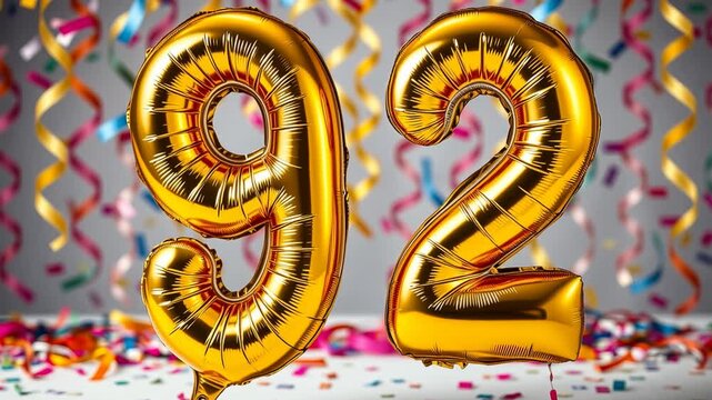 Birthday balloon number ninety two, golden letter figure 92 celebration background AI Generative