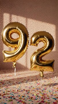 Birthday balloon number ninety two, golden letter figure 92 celebration background AI Generative