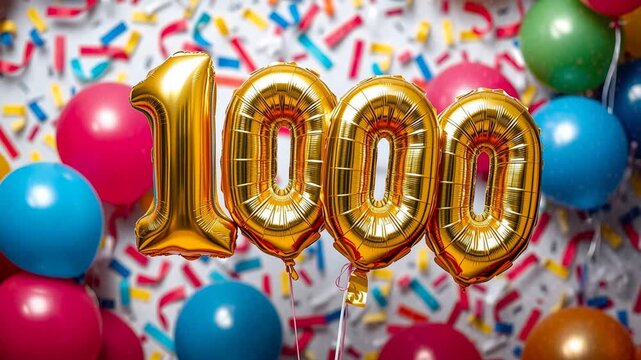 Birthday balloon number one thousand, golden letter figure 1000 celebration background AI Generative