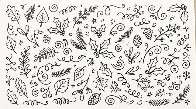 Elegant Botanical Holiday Decorative Line Art Illustration