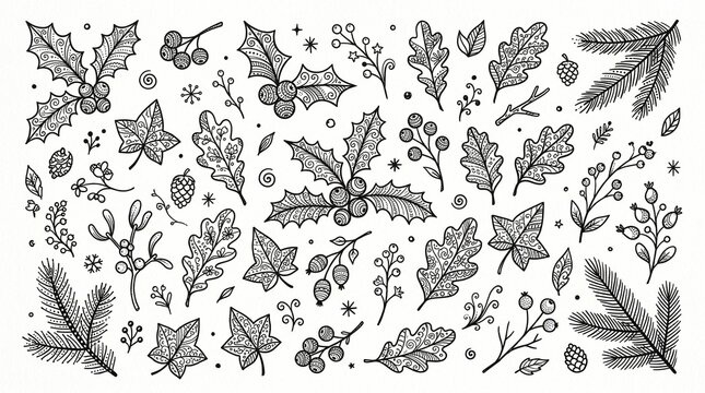 Intricate Botanical Holiday Leaf and Berry Illustration Collection