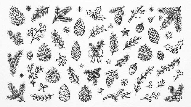 Holiday Botanical Illustrations with Pinecones and Greenery