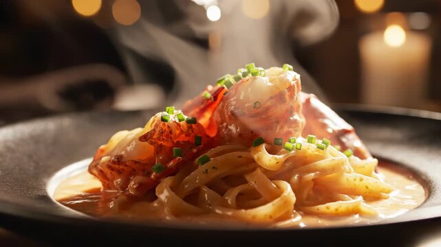 Steaming lobster fettuccine pasta with creamy orange bisque sauce and fresh chopped chives served on a dark plate in a candlelit restaurant with cinematic bokeh background.
