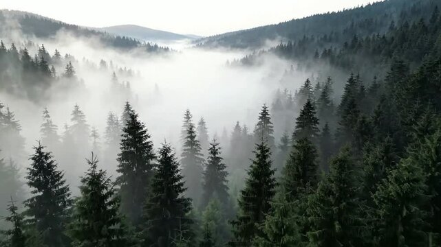 Aerial view of misty pine forest in mountains, morning fog over evergreen trees, cinematic nature landscape background