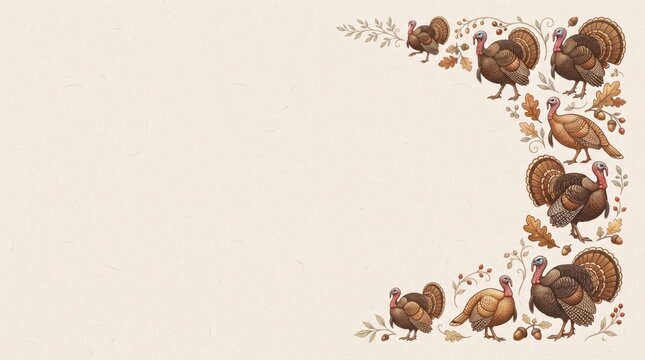 Vintage style thanksgiving turkey illustration arranged as a decorative border on a plain light beige paper background design