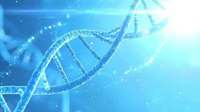 Blue abstract illustration of a DNA double helix strand with bright light and bokeh particles