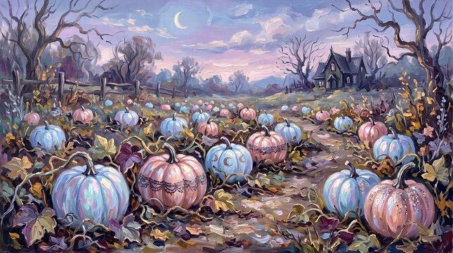 Whimsical Enchanted Pumpkin Patch at Dusk with Decorative Pumpkins and Autumn Scenery