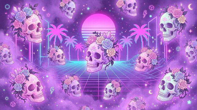 Floral Skulls Digital Art with Neon Glow and Cyberpunk Style