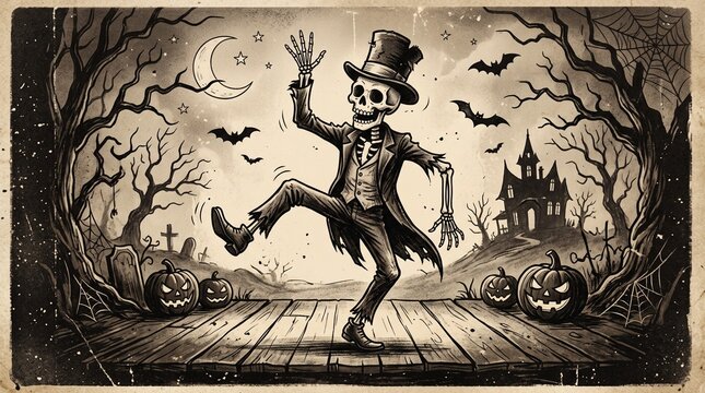 Skeleton Character Dancing on Halloween Themed Wooden Platform with Bats and Pumpkins