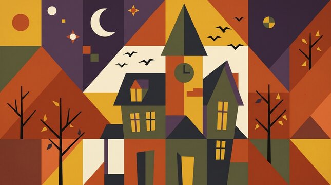 Halloween Themed Geometric Village with Haunted Clock Tower Illustration