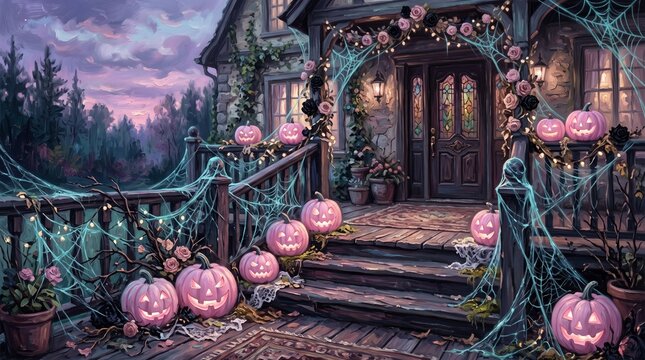 Haunted Halloween House with Glowing Jack O Lanterns and Decorative Lights