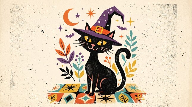 Black Cat in Witch Hat with Magical Autumn Elements Illustration