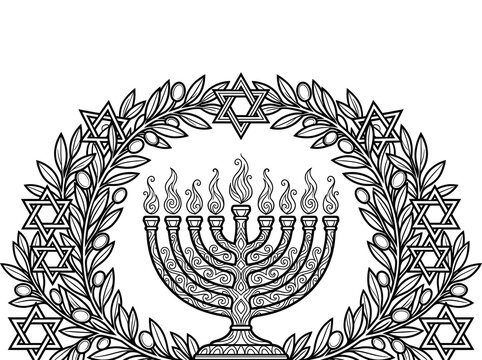 Black and white illustration of a Jewish menorah surrounded by olive branches and Star of David symbols. Jewish holiday theme coloring book