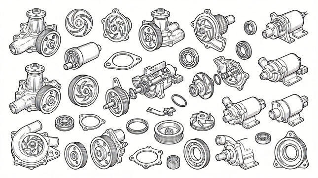 Car Engine Water Pump Line Art Doodle Collection Hand Drawn Mechanical Cooling Pump Electric Auxiliary Impeller Pulley Wheel Rubber Seal Ring Stroke Weight Strictly Textless White Asset