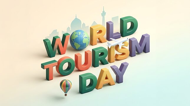 3d colorful text saying world tourism day with hot air balloon