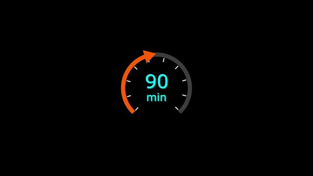 90 Min clock icon animation. 90 minute animation on black background and creating a stunning 4k video.