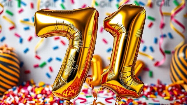Birthday balloon number seventy one, golden letter figure 71 celebration background AI Generative