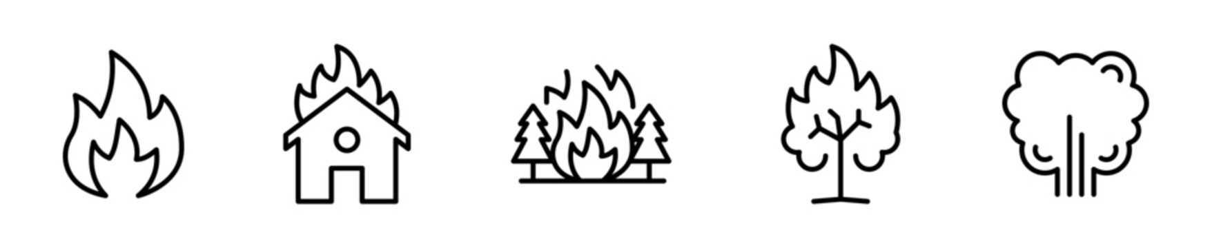 Set de 5 iconos de incendio. &Aacute;rbol, casa en llamas, bosque incendiado, &aacute;rbol quem&aacute;ndose y fuego. Vector outline