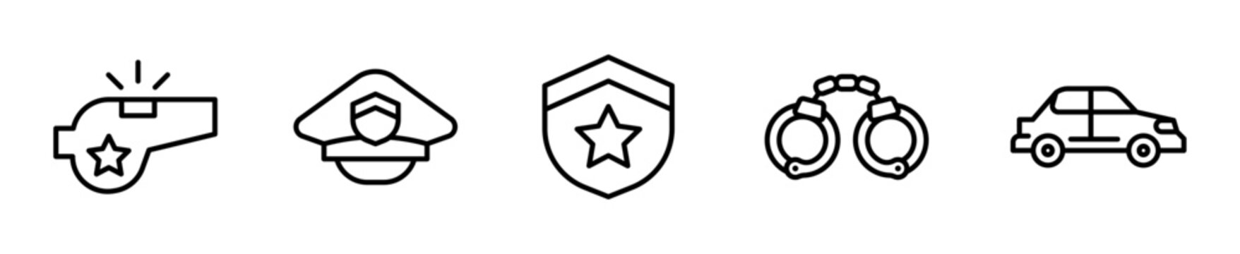 Set de 5 iconos de polic&iacute;a. Silbato, gorra de polic&iacute;a, placa, esposas y patrulla. Vector outline
