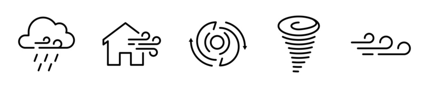Set de 5 iconos de hurac&aacute;n. Nube de tormenta, casa con viento, s&iacute;mbolo de hurac&aacute;n, tornado y viento fuerte. Vector outline