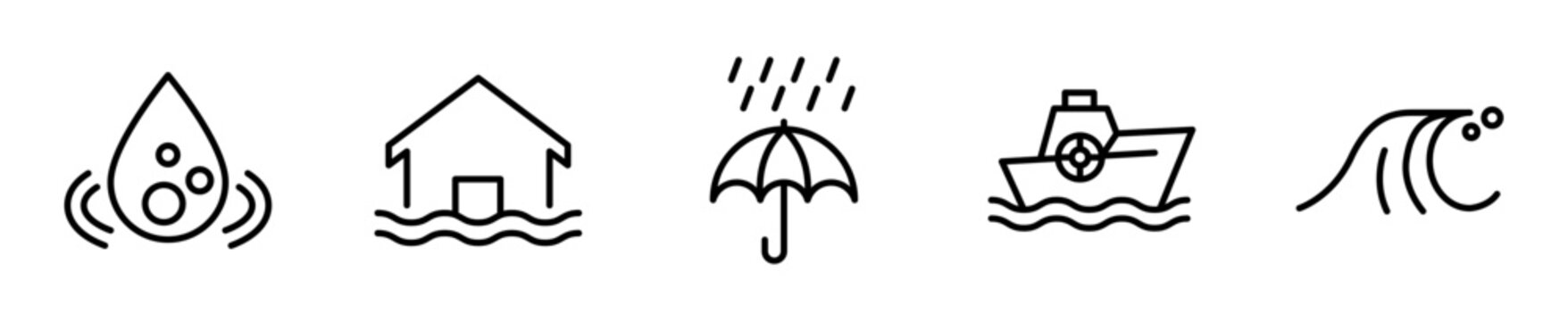 Set de 5 iconos de inundaci&oacute;n. Gota grande, casa inundada, paraguas con lluvia, bote de rescate y ola de inundaci&oacute;n. Vector outline