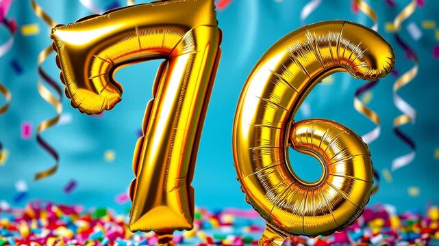 Birthday balloon number seventy six, golden letter figure 76 celebration background AI Generative