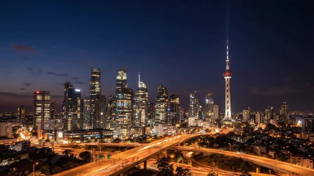 Shanghai skyline night timelapse: modern skyscrapers, glowing city lights, and busy highway traffic flow in pudong financial district