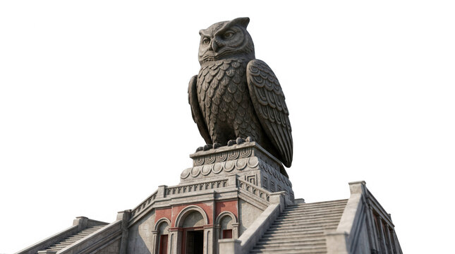 Una impresionante estatua de piedra de un b&uacute;ho majestuoso situada sobre la parte superior de un edificio arquitect&oacute;nico cl&aacute;sico con escaleras y arcos, aislada sobre un fondo blanco puro para dise&ntilde;o.