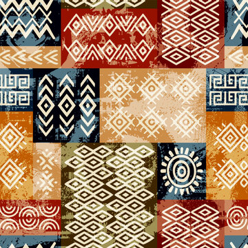 Seamless ethnic pattern, geometric hand-made ornament, patchwork carpet or mosaic, vector print