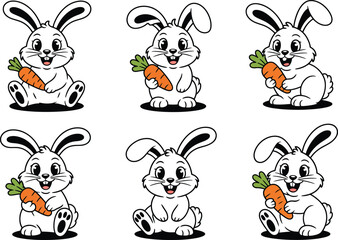 Fototapeta premium Cute cartoon white rabbits eating carrots in flat vector illustration set for Easter or spring designs