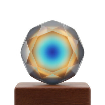 Una esfera de cristal facetada con un degradado de color azul y dorado brillante, colocada sobre una base de madera rectangular, aislada sobre un fondo blanco puro para un dise&ntilde;o minimalista y