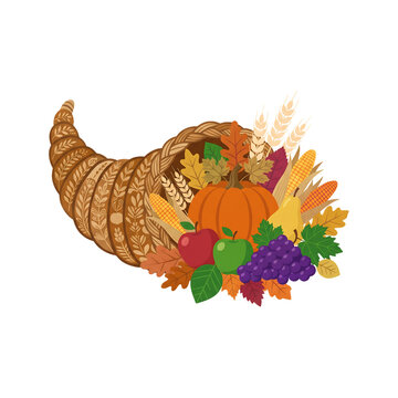 Traditional thanksgiving cornucopia filled with autumn harvest fruits and vegetables isolated on transparent background