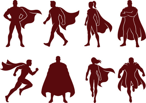 Set of eight dark brown superhero silhouettes featuring male and female characters in various heroic poses, isolated on a white background