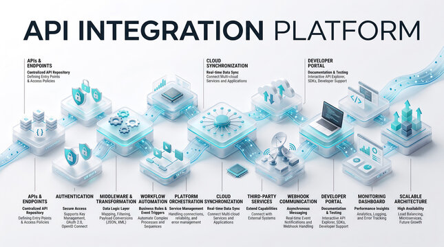 Isometric API Integration Platform Infographic Concept with Glassmorphic Elements