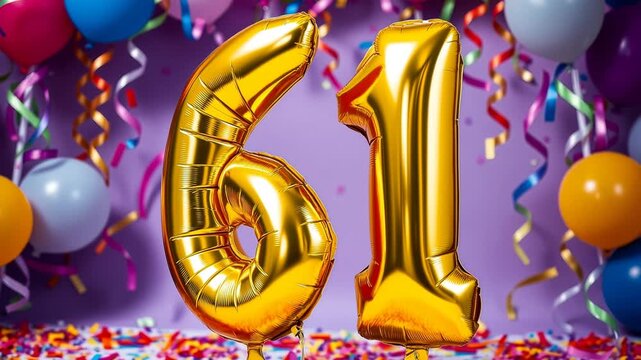 Birthday balloon number sixty one, golden letter figure 61 celebration background AI Generative