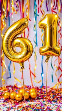 Birthday balloon number sixty one, golden letter figure 61 celebration background AI Generative